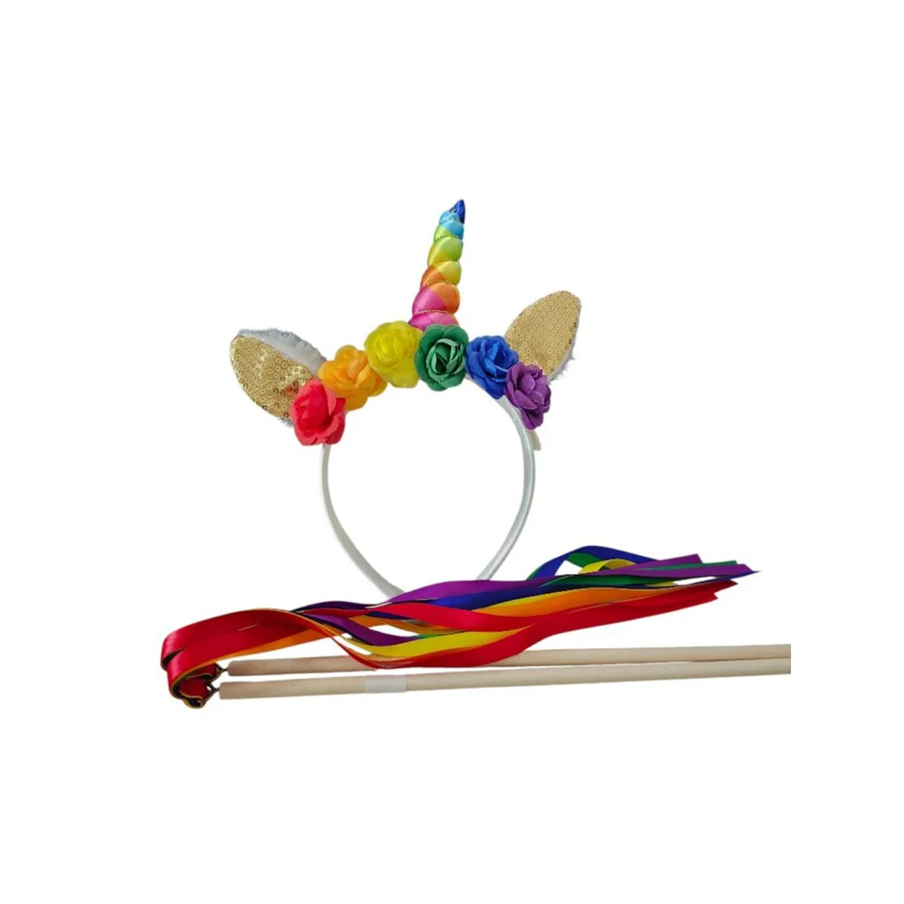 Unicorn Rainbow Headband & Ribbon Wands Party Costume Pride